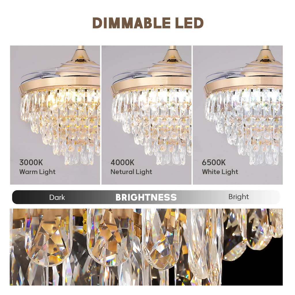 Luxury Gold Retractable Crystal Ceiling Fan with Light - Modern Chandelier Fan for Living & Dining Room