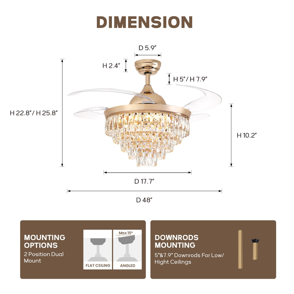 Luxury Gold Retractable Crystal Ceiling Fan with Light - Modern Chandelier Fan for Living & Dining Room