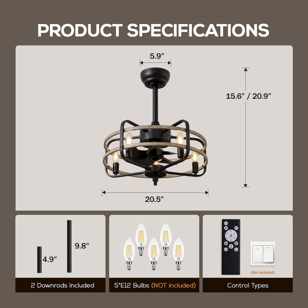 20in Indoor Farmhouse Black Caged Ceiling Fan with Remote Fandelier No Bulb for Kitchen
