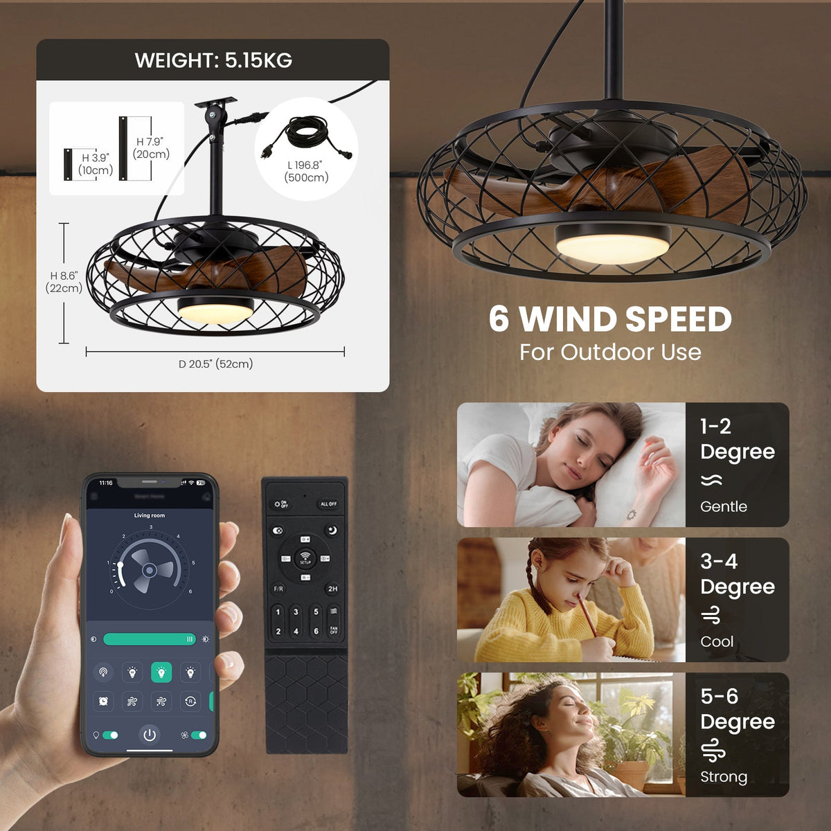 20in Indoor/Outdoor Walnut LED Waterproof Cage Ceiling Fan Light with Dimming and Timer (Includes Remote Control)