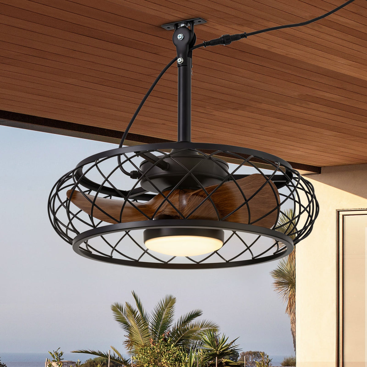 20in Indoor/Outdoor Walnut LED Waterproof Cage Ceiling Fan Light with Dimming and Timer (Includes Remote Control)