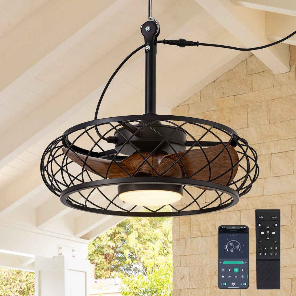 20in Indoor/Outdoor Walnut LED Waterproof Cage Ceiling Fan Light with Dimming and Timer (Includes Remote Control)
