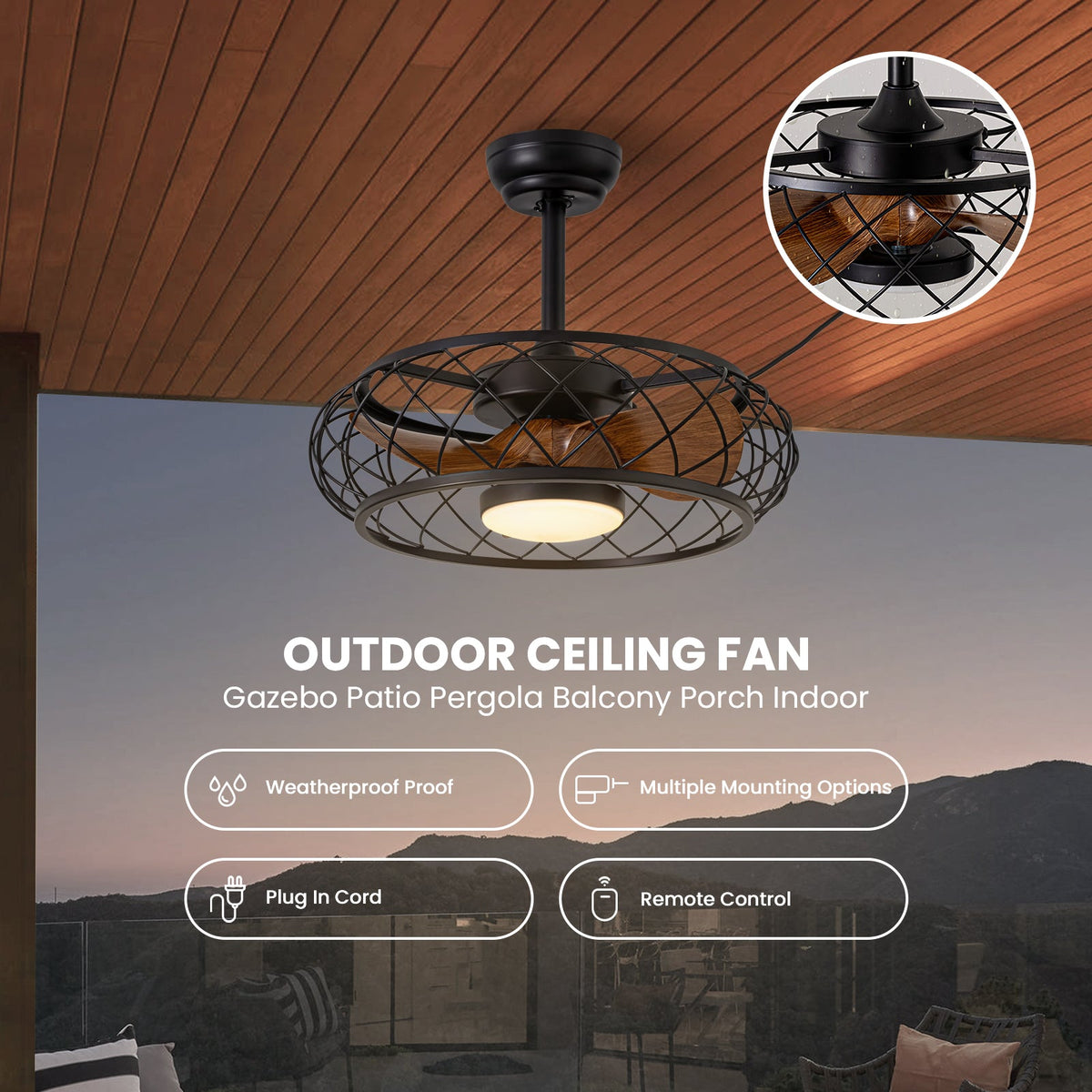 20in Indoor/Outdoor Walnut LED Waterproof Cage Ceiling Fan Light with Dimming and Timer (Includes Remote Control)