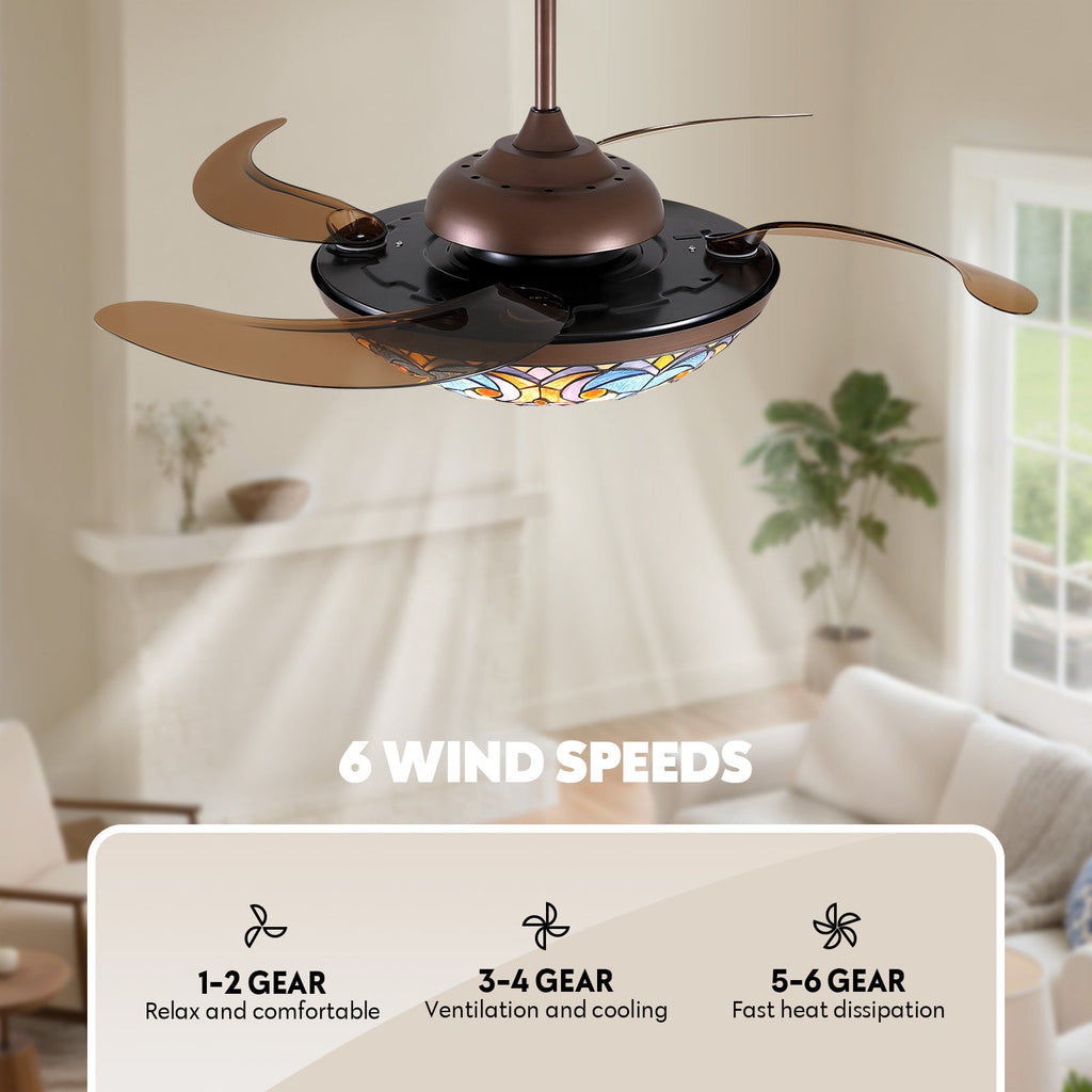 52in Brown Tiffany Vintage Fandelier Retractable Dimmable Ceiling Fan with Remote App Control
