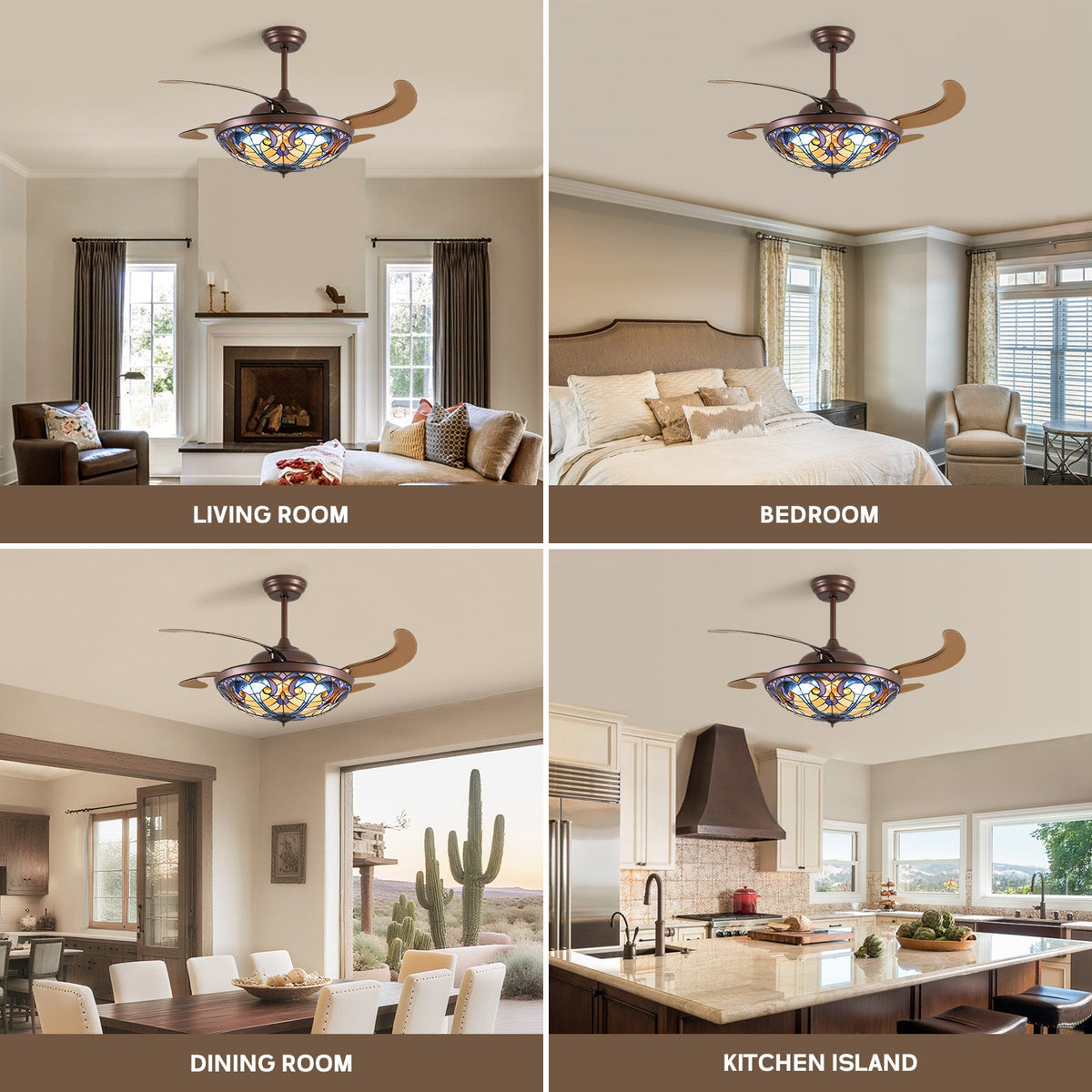 52in Brown Tiffany Vintage Fandelier Retractable Dimmable Ceiling Fan with Remote App Control
