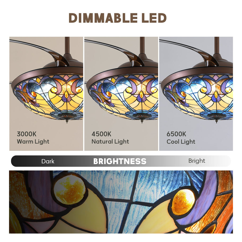 52in Brown Tiffany Vintage Fandelier Retractable Dimmable Ceiling Fan with Remote App Control