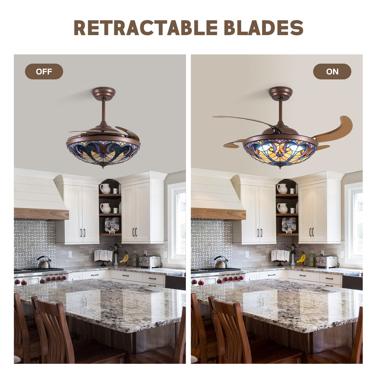 52in Brown Tiffany Vintage Fandelier Retractable Dimmable Ceiling Fan with Remote App Control