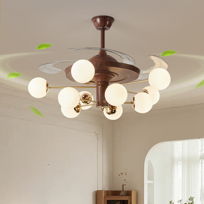 Retro Mid-Century Ceiling Fan with 8 Frosted Glass Globe Lights - Retractable Blades, Noiseless Motor
