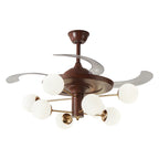 Retro Mid-Century Ceiling Fan with 8 Frosted Glass Globe Lights - Retractable Blades, Noiseless Motor