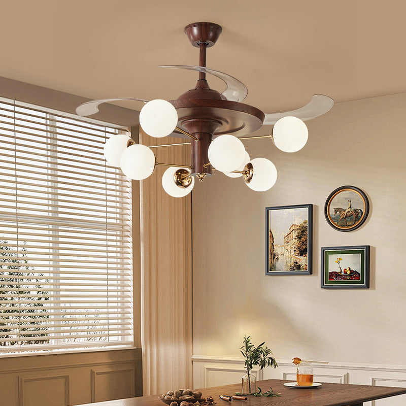 Retro Mid-Century Ceiling Fan with 8 Frosted Glass Globe Lights - Retractable Blades, Noiseless Motor