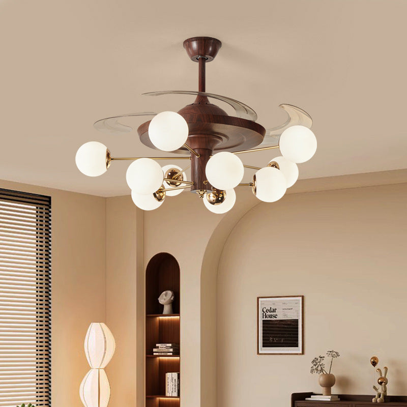 Retro Mid-Century Ceiling Fan with 8 Frosted Glass Globe Lights - Retractable Blades, Noiseless Motor