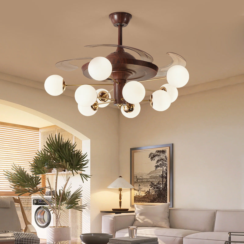 Retro Mid-Century Ceiling Fan with 8 Frosted Glass Globe Lights - Retractable Blades, Noiseless Motor