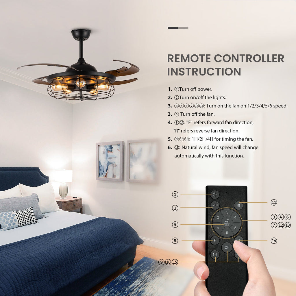 Industrial Black Cage Ceiling Fan with Light & Remote – Retractable Blades Vintage Edison Bulb Fan Light