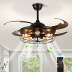 Industrial Black Cage Ceiling Fan with Light & Remote – Retractable Blades Vintage Edison Bulb Fan Light