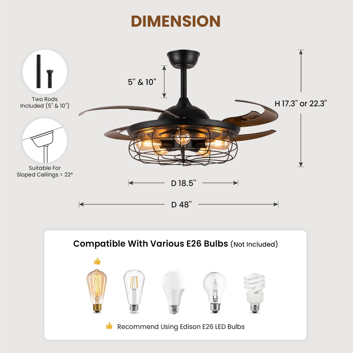 Industrial Black Cage Ceiling Fan with Light & Remote – Retractable Blades Vintage Edison Bulb Fan Light