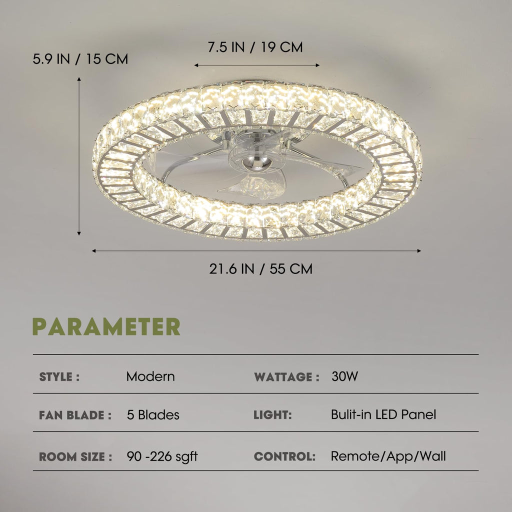 22 in. LED Smart Indoor Chrome Flush Mount Fandelier Low Profile Ceiling Fan with 3 Color Change and Remote Control