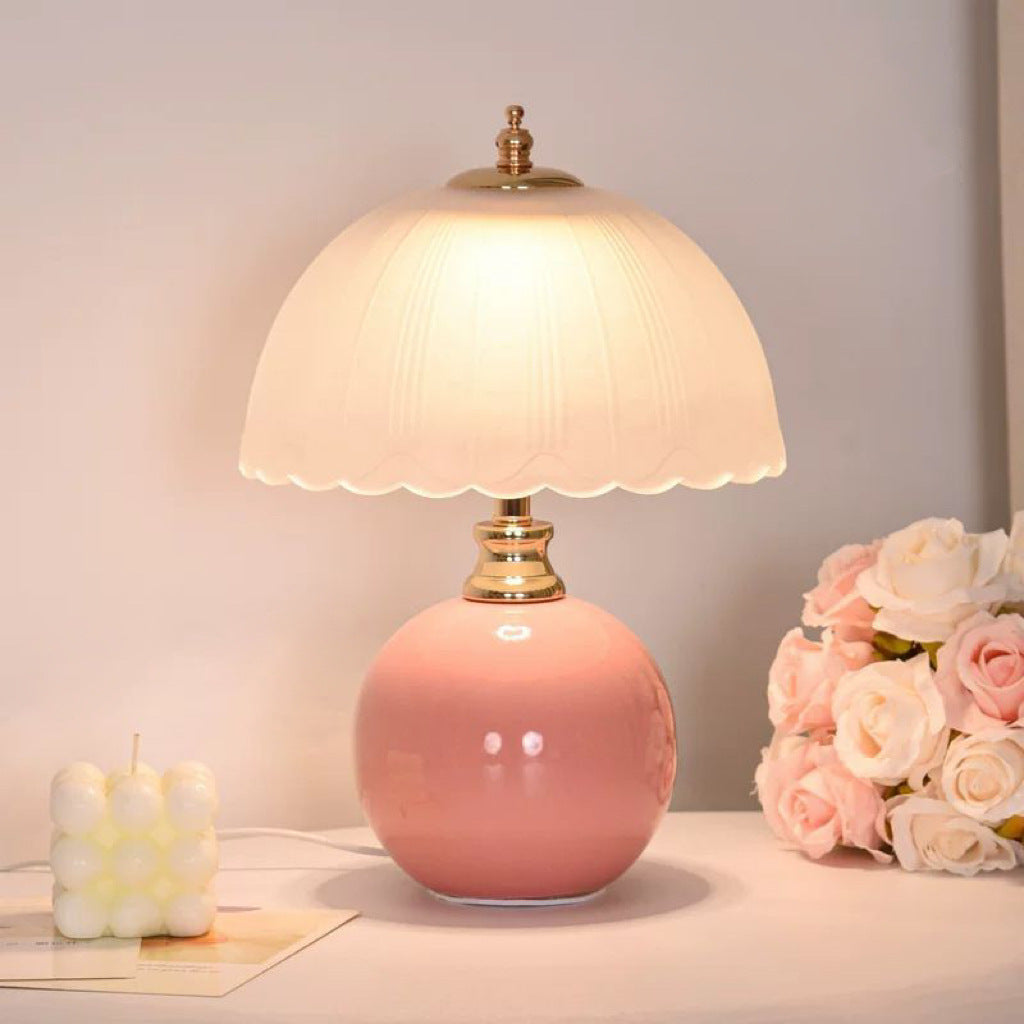Pastel Pink Table Lamp with Scalloped Glass Shade - Soft Glow for Cozy Aesthetic Decor