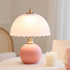 Pastel Pink Table Lamp with Scalloped Glass Shade - Soft Glow for Cozy Aesthetic Decor
