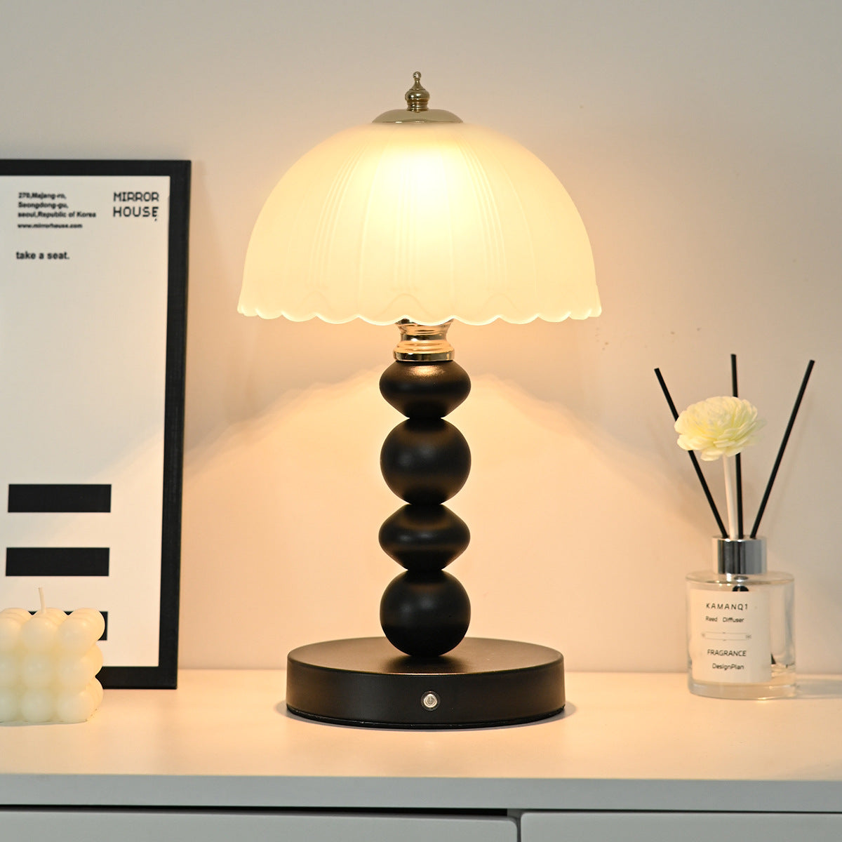 Black Beaded Base Table Lamp with Dome Glass Shade - Soft Warm Light for Cozy Aesthetic Decor