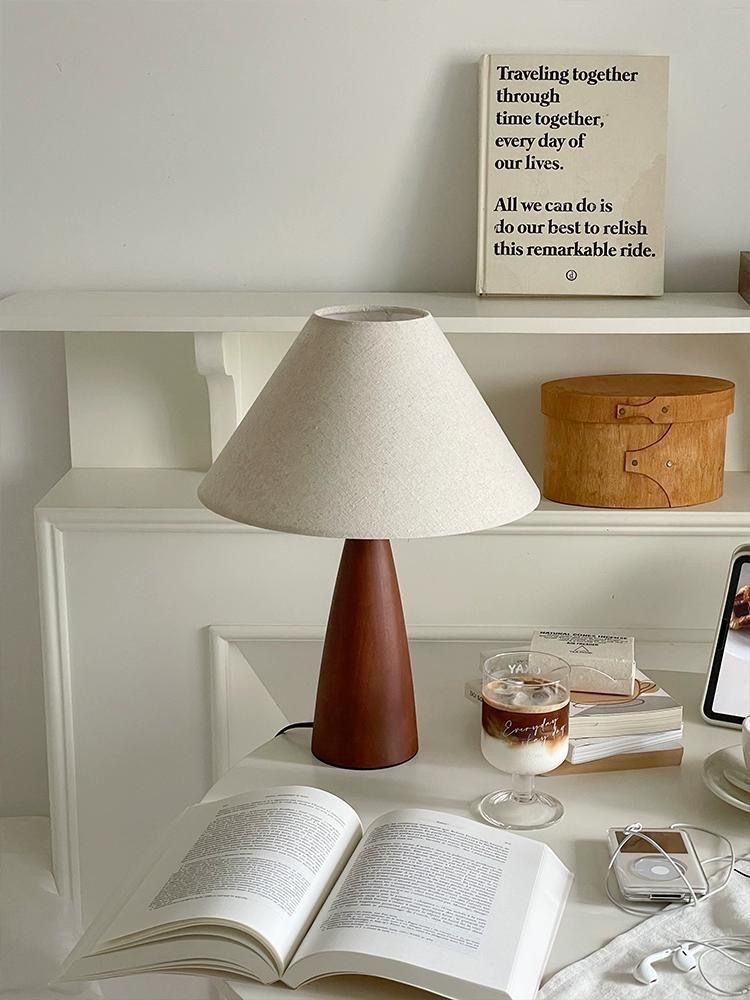 Scandinavian Style Table Lamp with Walnut Base - Neutral Linen Shade for Cozy Aesthetic Decor