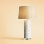 Elegant Mosaic Shell Table Lamp with Crystal Base & Neutral Linen Shade - Soft Warm Light for Contemporary Decor