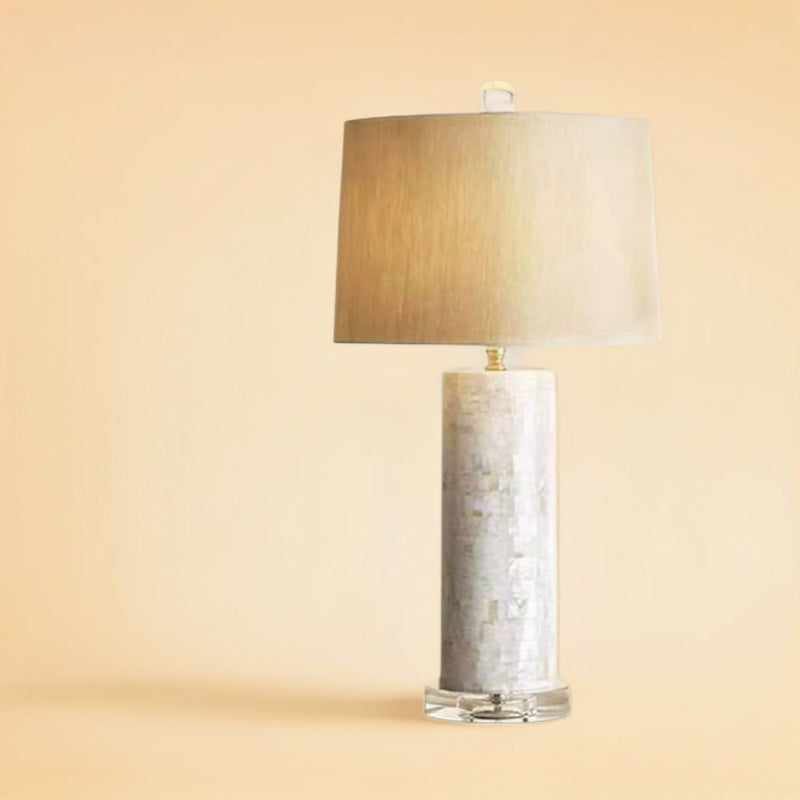 Elegant Mosaic Shell Table Lamp with Crystal Base & Neutral Linen Shade - Soft Warm Light for Contemporary Decor