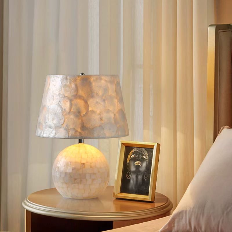 Elegant Capiz Shell Table Lamp with Matching Mosaic Shade - Soft Warm Light for Bohemian & Coastal Decor