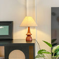 Scandinavian Style Table Lamp with Turned Wood Base & Linen Shade - Warm Soft Light for Cozy Aesthetic Decor