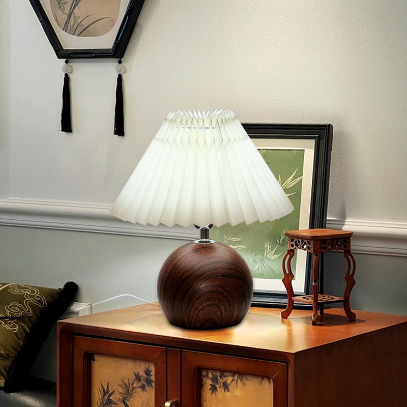Minimalist Wood Grain Table Lamp with Pleated Shade - Warm Soft Light for Cozy Aesthetic Decor