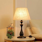 Antique-Inspired Black Base Table Lamp with Natural Linen Shade - Soft Warm Glow for Rustic Decor