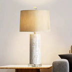 Elegant Mosaic Shell Table Lamp with Crystal Base & Neutral Linen Shade - Soft Warm Light for Contemporary Decor