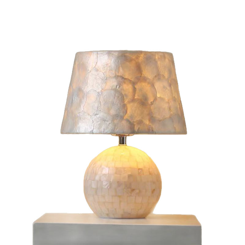 Elegant Capiz Shell Table Lamp with Matching Mosaic Shade - Soft Warm Light for Bohemian & Coastal Decor