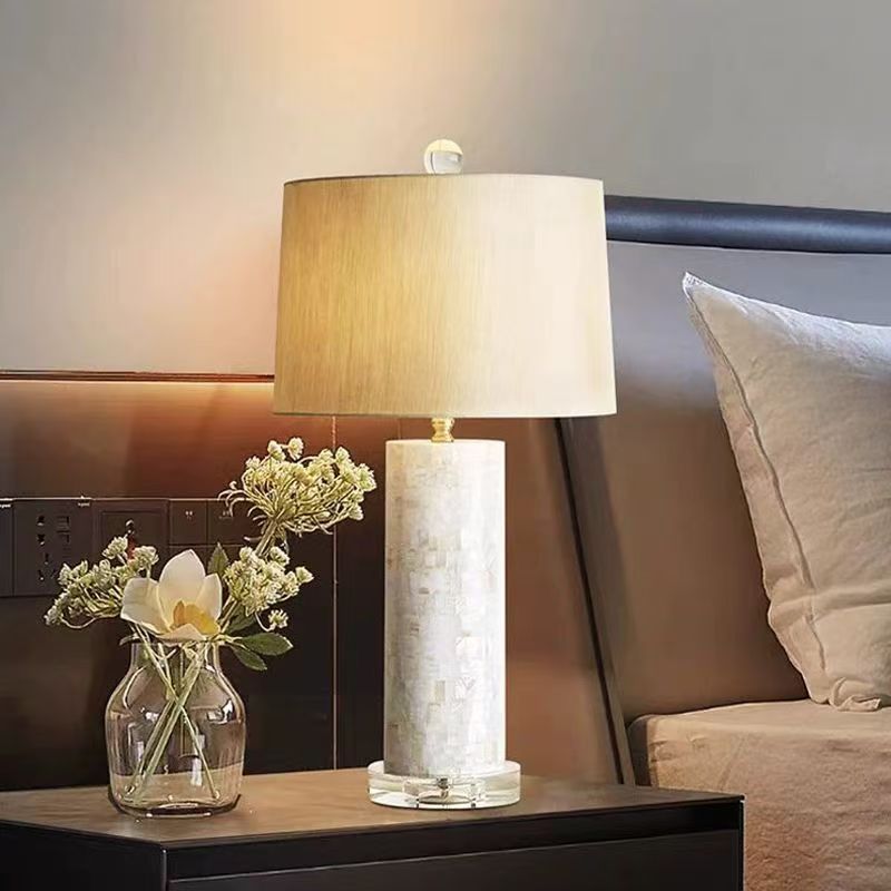 Elegant Mosaic Shell Table Lamp with Crystal Base & Neutral Linen Shade - Soft Warm Light for Contemporary Decor