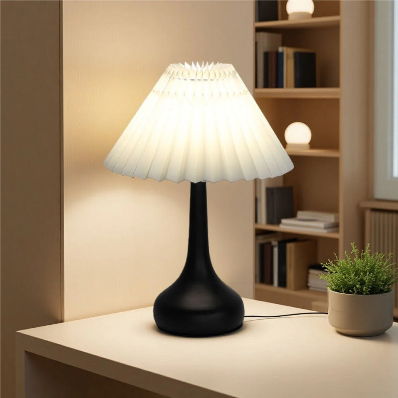 Minimalist Black Base Table Lamp with White Pleated Shade - Soft Warm Glow for Cozy Decor