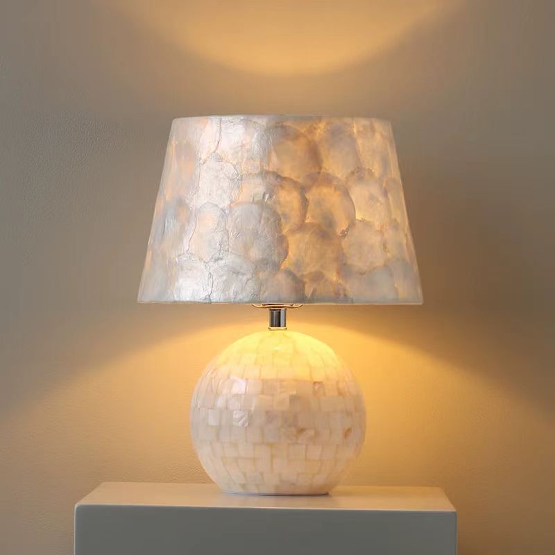 Elegant Capiz Shell Table Lamp with Matching Mosaic Shade - Soft Warm Light for Bohemian & Coastal Decor