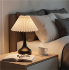 Minimalist Black Base Table Lamp with White Pleated Shade - Soft Warm Glow for Cozy Decor