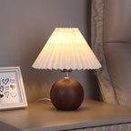 Minimalist Table Lamp with Wood Grain Base & Pleated Fabric Shade - Soft Warm Glow