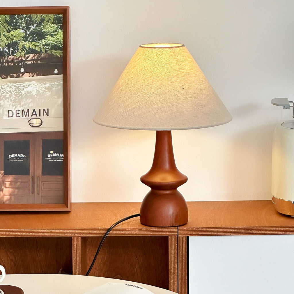 Scandinavian Style Table Lamp with Turned Wood Base & Linen Shade - Warm Soft Light for Cozy Aesthetic Decor