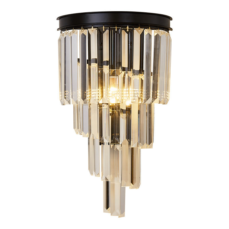 Modern Tiered Prism Crystal Wall Lamp with Black Metal Frame