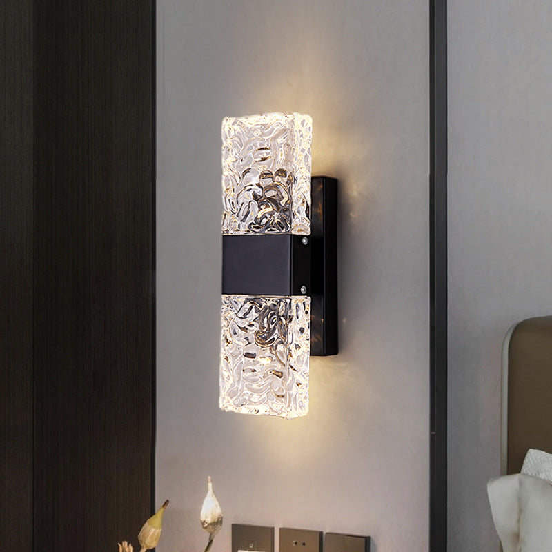 Contemporary Rectangular Water Ripple Glass Wall Lamp with Black Base