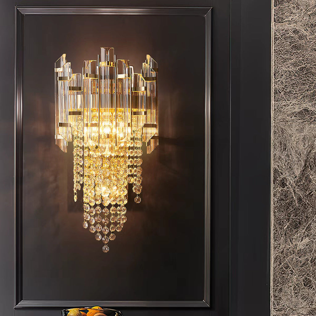 Modern Cascade Crystal Wall Lamp with Polished Gold Frame