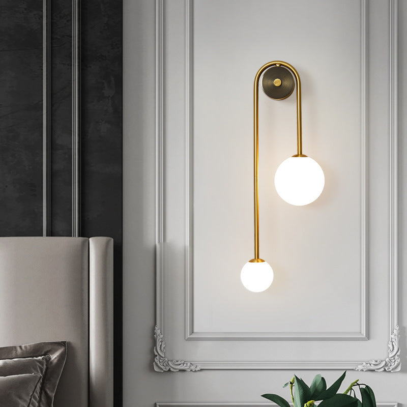 Asymmetrical Brass Wall Lamp with Milk Glass Shade for Bedroom & Living Room