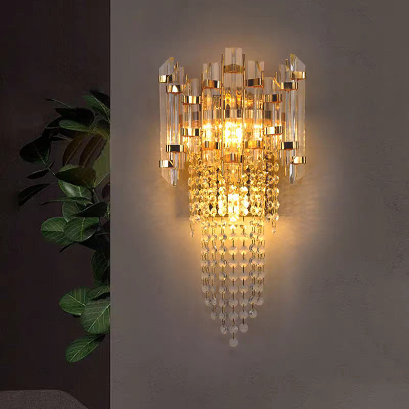Modern Cascade Crystal Wall Lamp with Polished Gold Frame