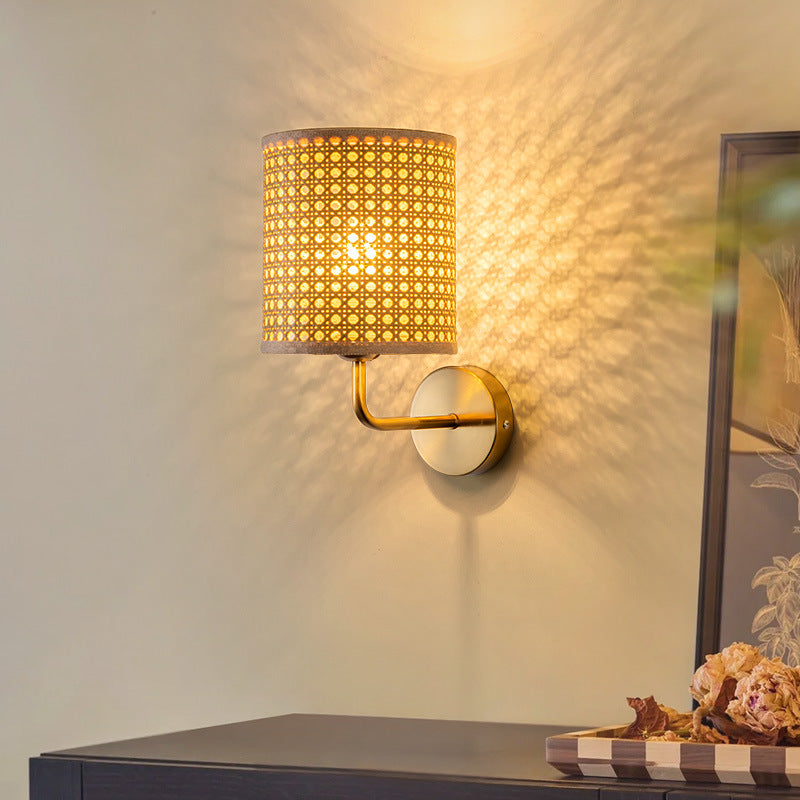 Natural Woven Cane Wall Lamp with Brass Base for Boho & Farmhouse Decor
