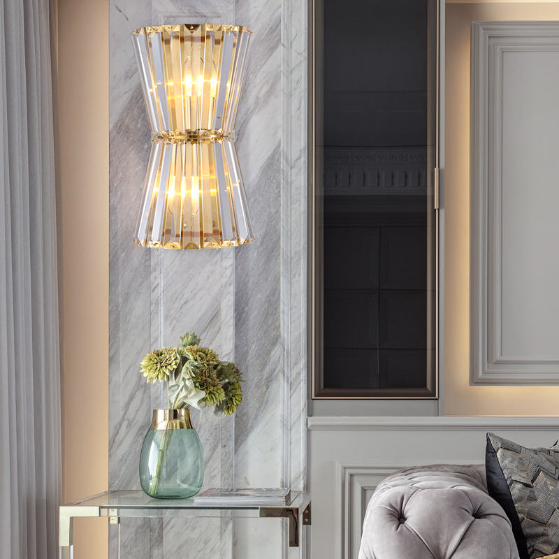 Art Deco Hourglass Wall Lamp with Clear Crystal Prisms & Brass Frame