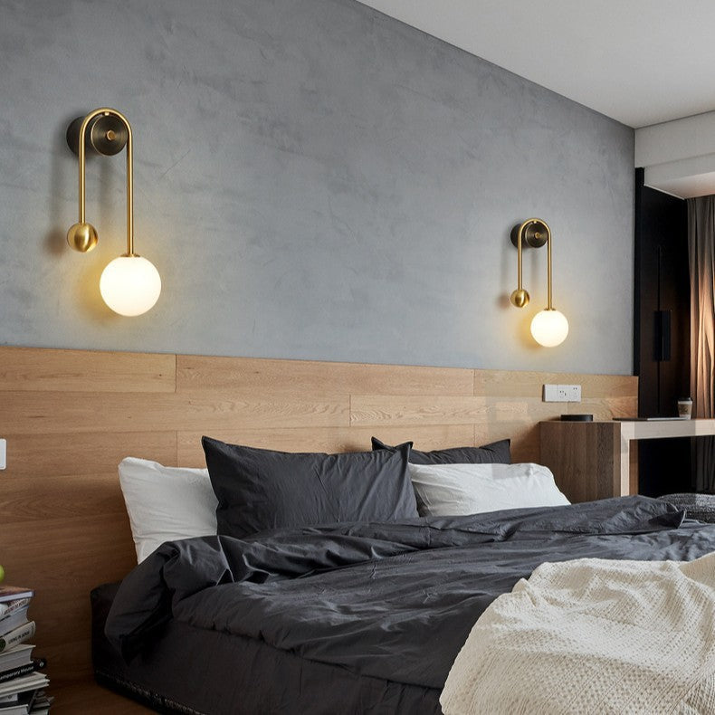 Asymmetrical Brass Wall Lamp with Milk Glass Shade for Bedroom & Living Room