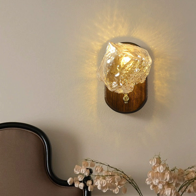 Farmhouse Style Wall Lamp with Dark Wood Base & Hammered Glass Shade