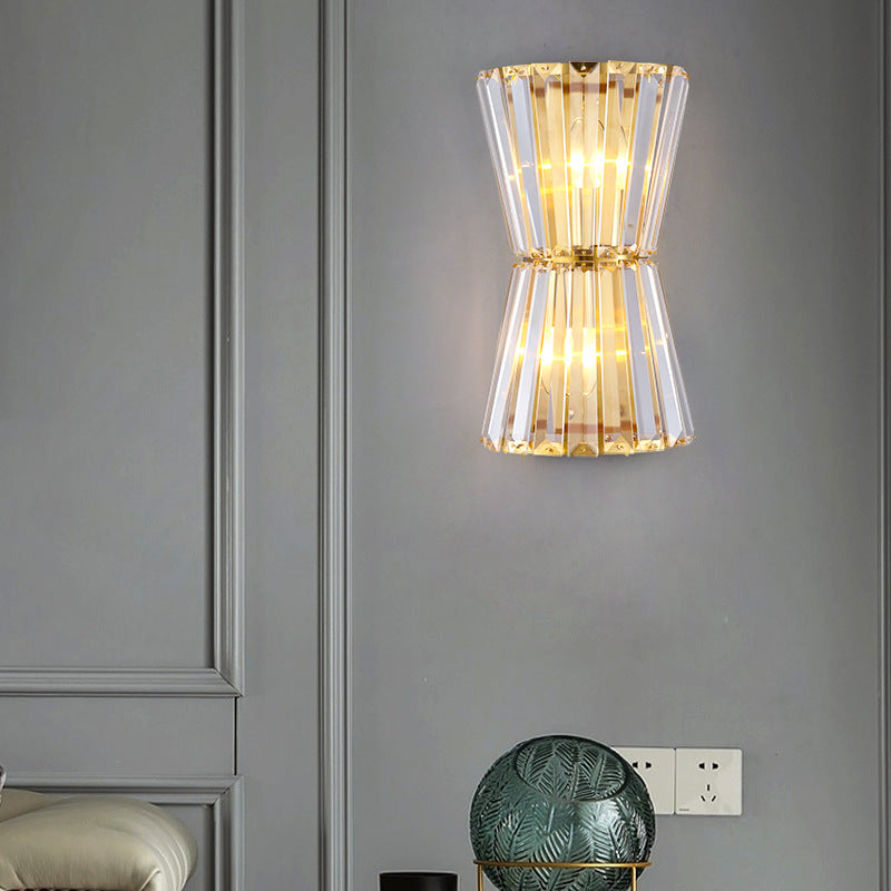 Art Deco Hourglass Wall Lamp with Clear Crystal Prisms & Brass Frame