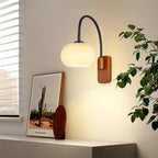 Adjustable Black Arm Wall Lamp with Walnut Base for Bedroom Reading