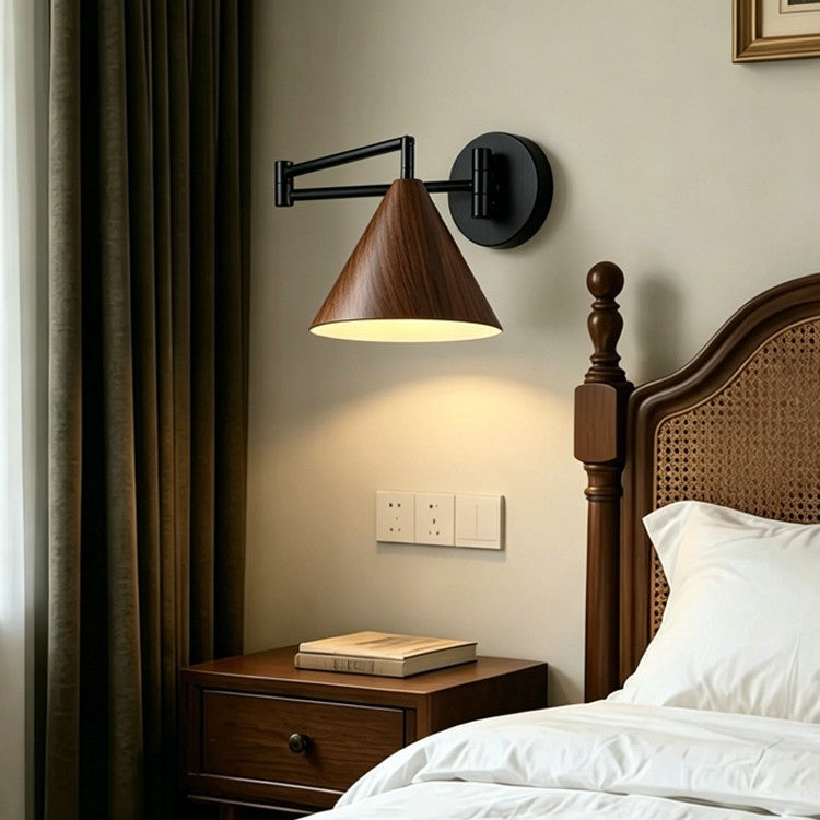 Mid-Century Modern Swing Arm Wall Lamp with Faux Wood Shade